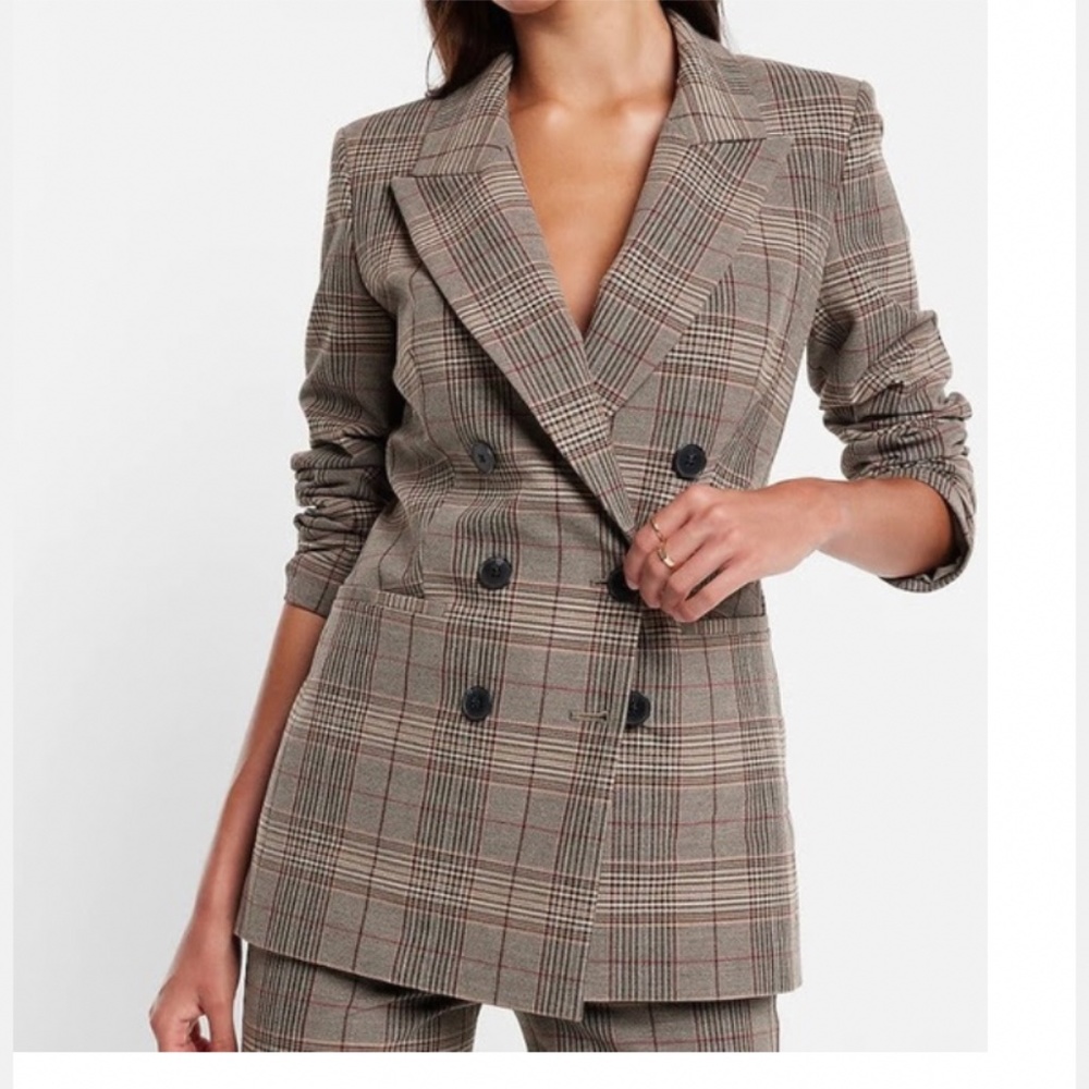 Express Plaid Peak Lapel Double Breasted Blazer
